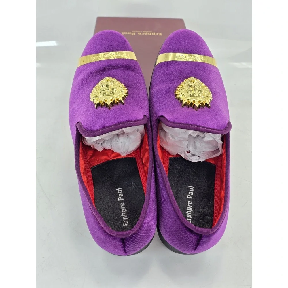 Erphpre Paul Shoes Men's Sz 8 - Purple Velvet - Comfy‎ - Metal Lion Head gold